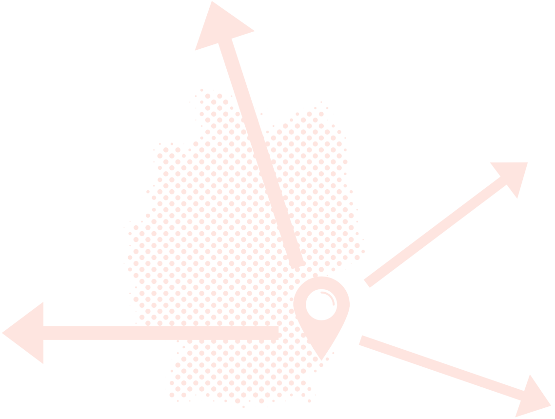 Art Factory ncstreetsart – Bilder auf der ganzen Welt Symbolkarte mit Pfeilen, die verschiedene Richtungen angeben, und einem Standortmarker.